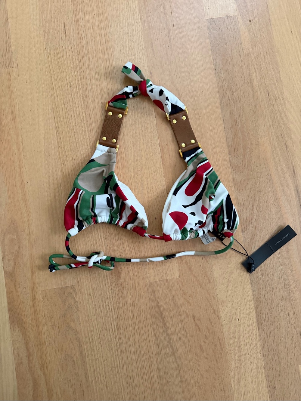 VIX Paula Hermanny Bikini Top Leather Straps Gold Hardware NWT Size Large Halter